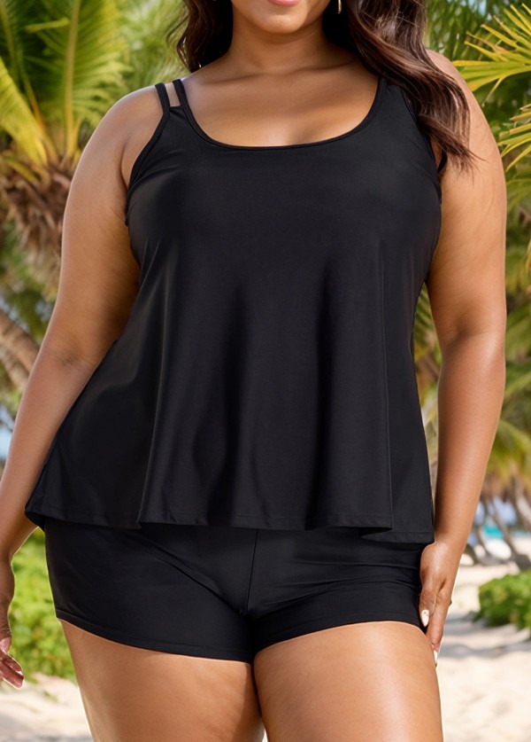 Solid Black Double Straps Adjustable Tankini Top