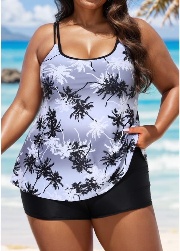 Plus Size Black And White Plants Print Double Straps Modest Tankini Top