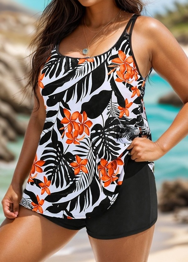 Plus Size Tropical Print Double Straps Tankini Top