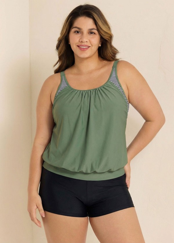 Plus Size Striped Faux Layer Adjustable Tankini Top