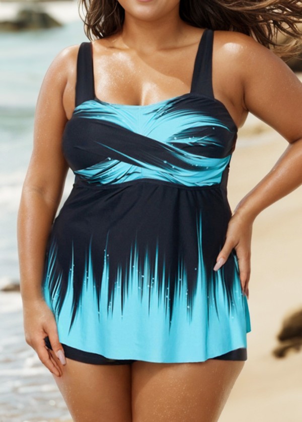 Twisted Front Wide Strap Blue Ombre Tankini Top