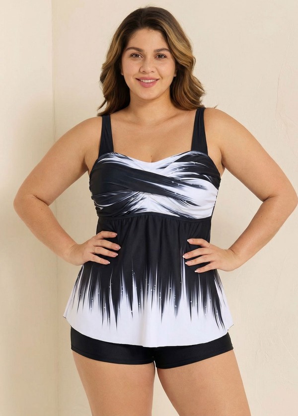 Black And White Ombre Twisted Front Adjustable Tankini Top
