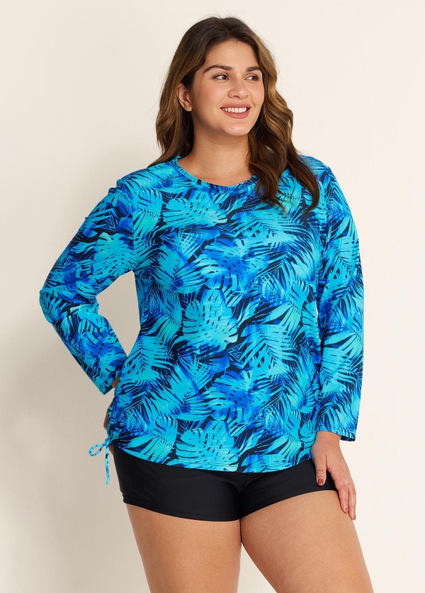 Plus Size Side Tie Adjustable Long Sleeve Rash Guard Tankini Top