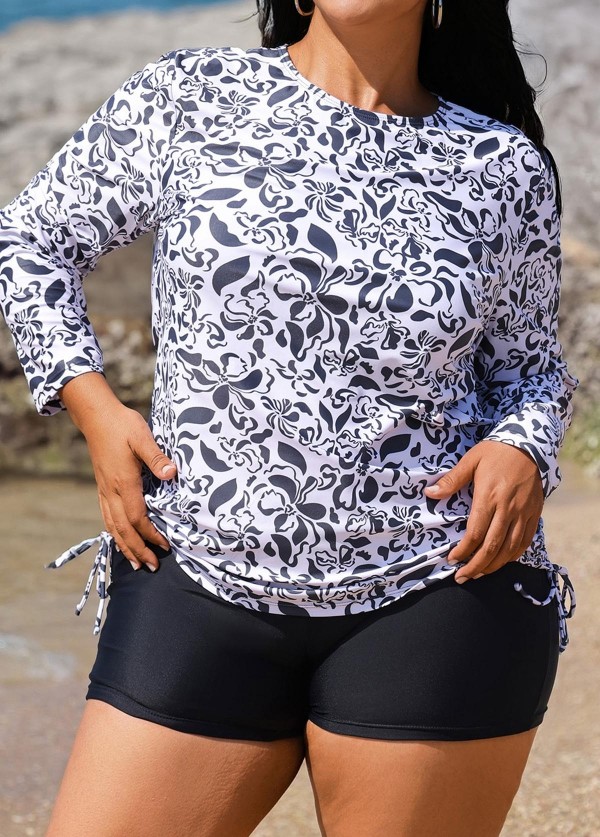 White Round Neck Long Sleeve Floral Printed Side Tie Plus Size Tankini Top