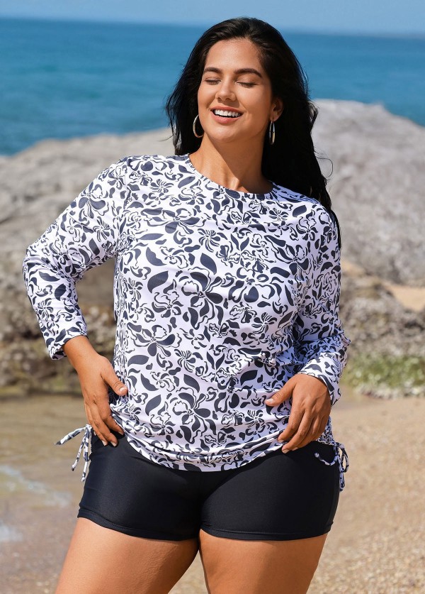 White Round Neck Long Sleeve Floral Printed Side Tie Plus Size Tankini Top