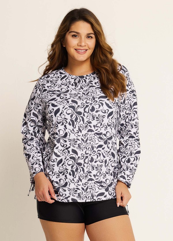 White Round Neck Long Sleeve Floral Printed Side Tie Plus Size Tankini Top
