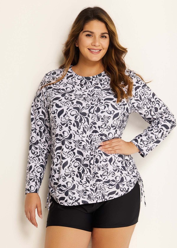 White Round Neck Long Sleeve Floral Printed Side Tie Plus Size Tankini Top