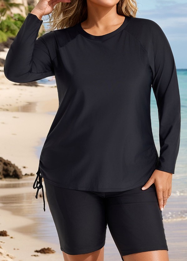 Plus Size Black Long Sleeve Drawstring Women's Swimsuit Tankini Top