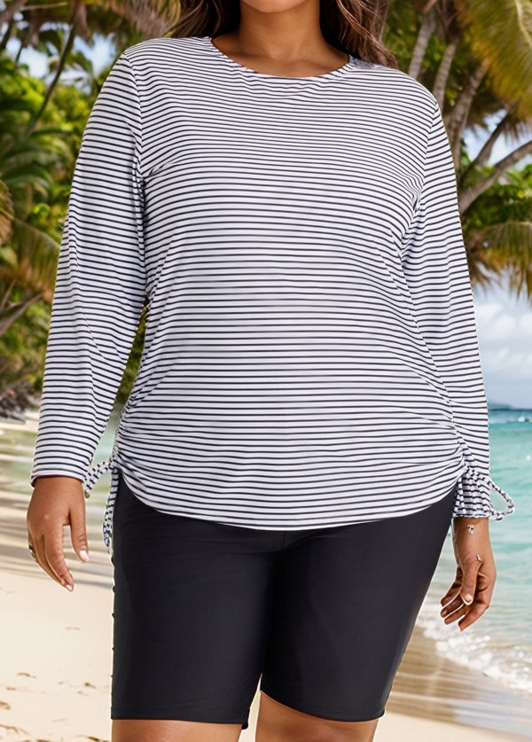Plus Size Black Stripe Long Sleeve Drawstring Women's Swimsuit Tankini Top