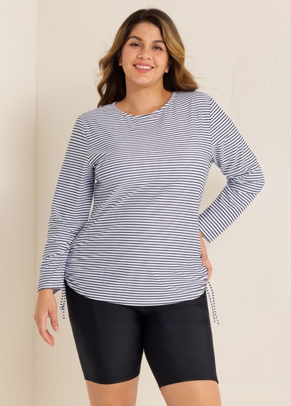 Plus Size Black Stripe Long Sleeve Drawstring Women's Swimsuit Tankini Top