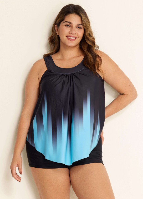 Crystal Blue Ombre Print Scoop Neck Longer Length Tankini Top