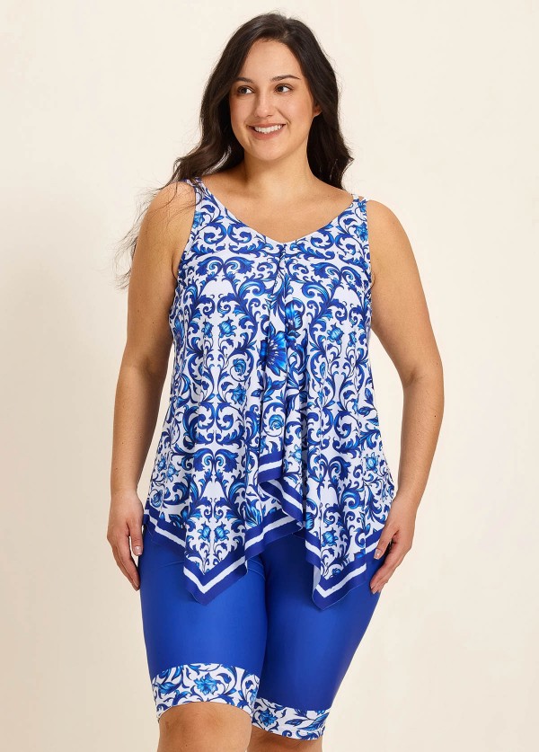 Plus Size Blue Floral Print Flowy Asymmetrical Hem Swimsuit Two Piece Long Tankini Set