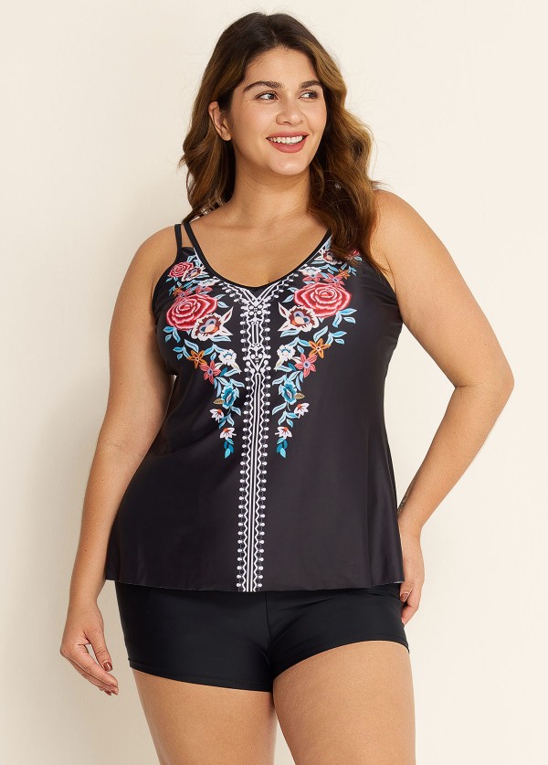 Plus Size Tribal Printed Adjustable Straps Tankini Top