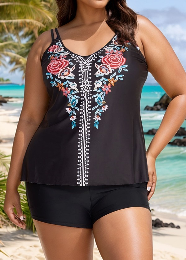 Plus Size Tribal Printed Adjustable Straps Tankini Top