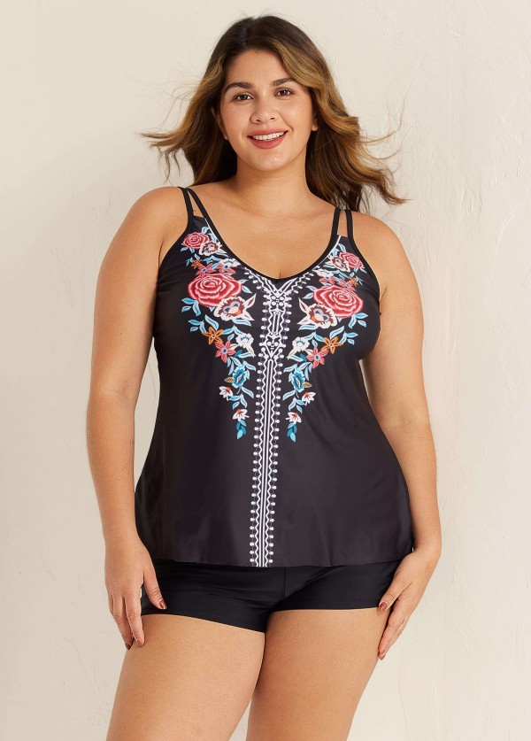 Plus Size Tribal Printed Adjustable Straps Tankini Top