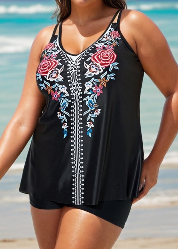 Plus Size Tribal Printed Adjustable Straps Tankini Top