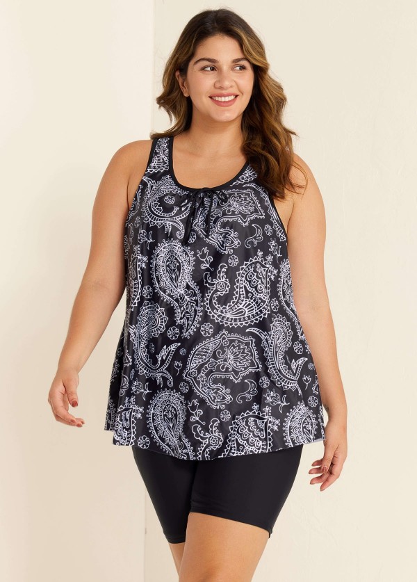 Black Paisley Loose Fit Plus Size Women Tankini Top