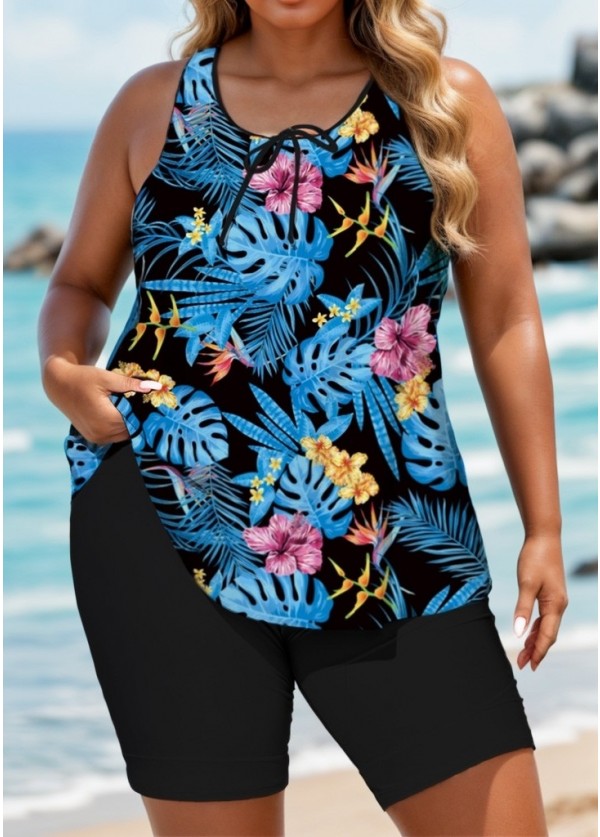Navy Tropical Floral Leaf Print Loose Fit Plus Size Women Tankini Top