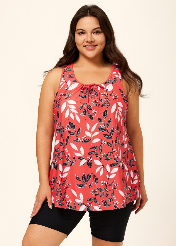Red Tropical Leaf Print Loose Fit Plus Size Women Tankini Top