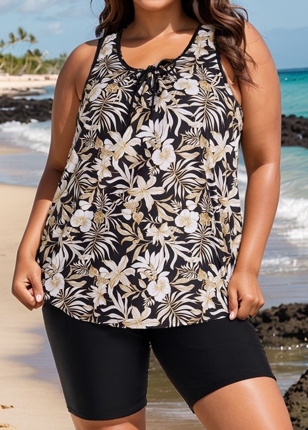 Black Floral Loose Fit Plus Size Women Tankini Top