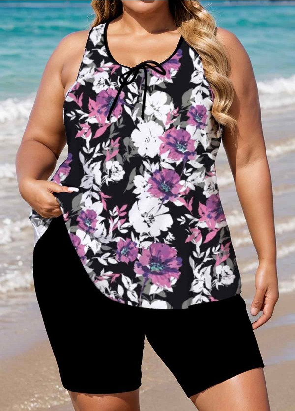 Purple Floral Loose Fit Plus Size Women Tankini Top