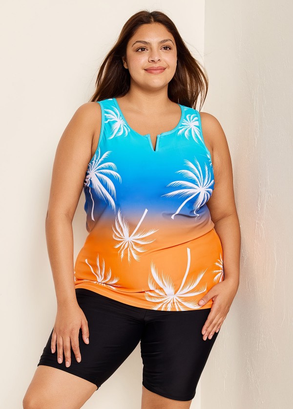 Colorful Plants Print V Neck Casual Sleeveless Tankini Top