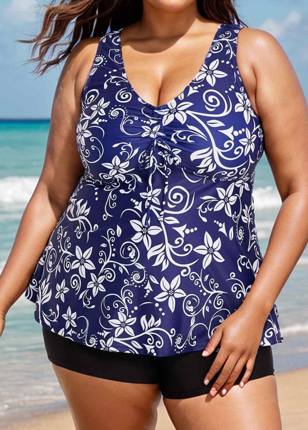 Plus Size Navy Floral Drawstring Swimsuit And Swimwear Tankini Top