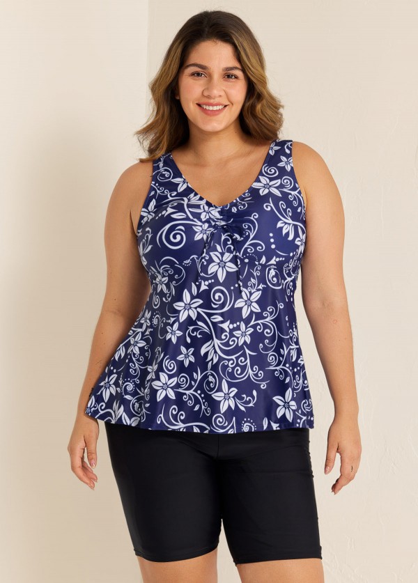 Plus Size Navy Floral Drawstring Swimsuit And Swimwear Tankini Top