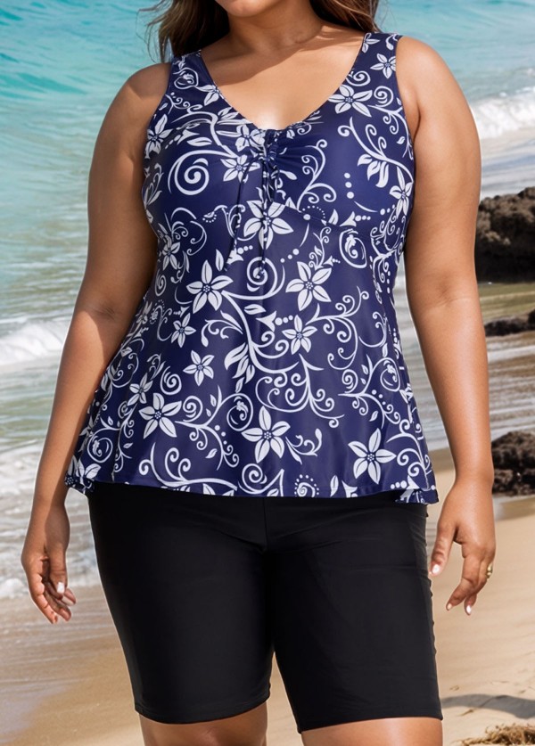 Plus Size Navy Floral Drawstring Swimsuit And Swimwear Tankini Top