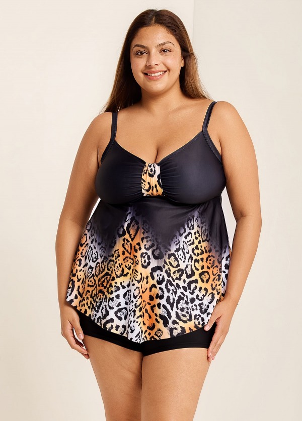 Fashionable Leopard Print V Neck Ruched Front Tankini Top