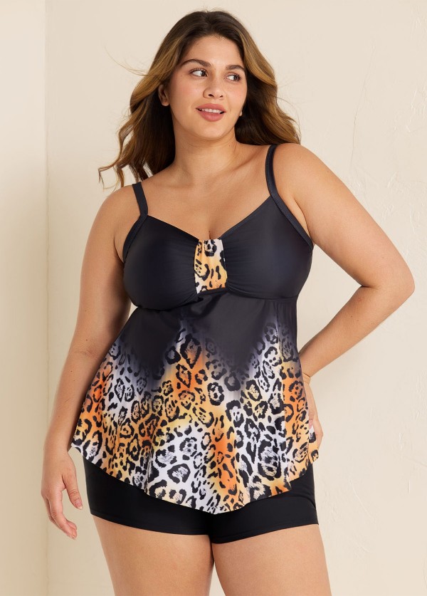 Fashionable Leopard Print V Neck Ruched Front Tankini Top