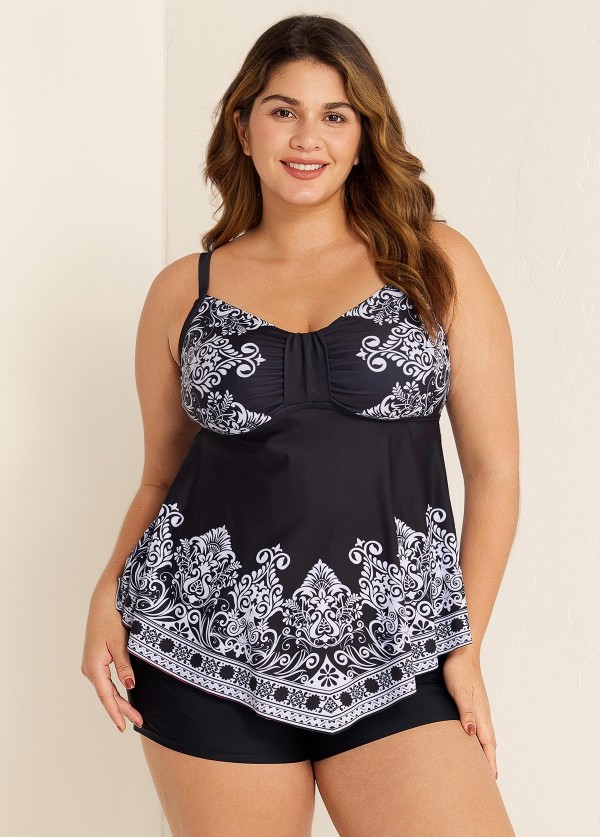 Black Paisley Print Color Block V Neck Women Plus Size Swimsuit Tankini Top