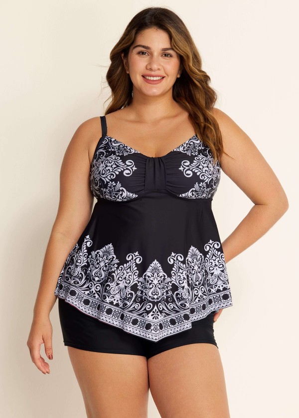 Black Paisley Print Color Block V Neck Women Plus Size Swimsuit Tankini Top