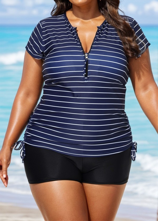 Plus Size Zip Front Striped Short Sleeves Rash Guard Tankini Top