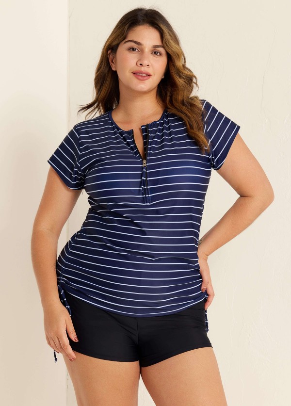 Plus Size Zip Front Striped Short Sleeves Rash Guard Tankini Top