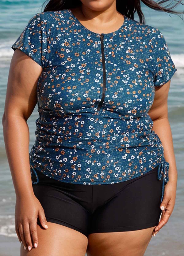Plus Size Green Floral Short Sleeve Swimwear Bathing Suits Tankini Top