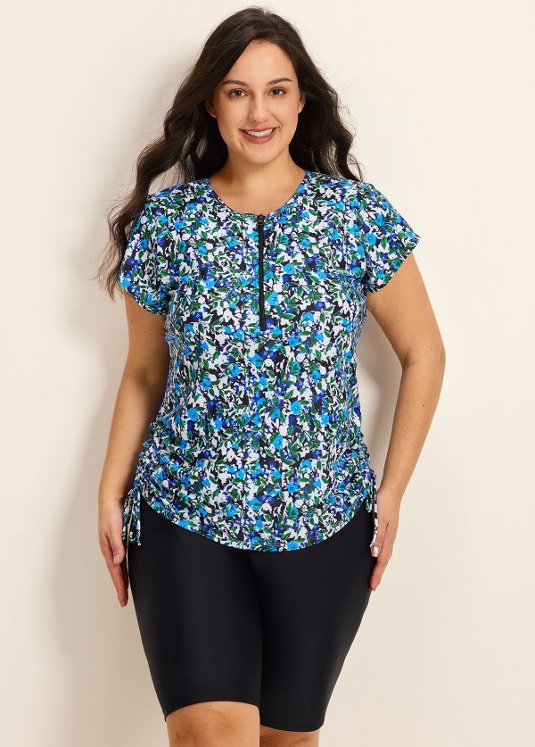 Curvy Blue Floral High Neck Upf50+ Short Sleeves Zipper Drawstring Swim Shirt Tankini Top