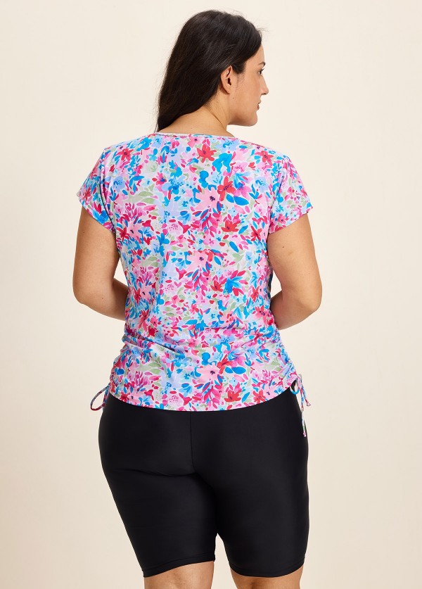 Pink Floral High Neck Short Sleeves Zipper Drawstring Curvy Swimsuit Uv Shirt Tankini Top