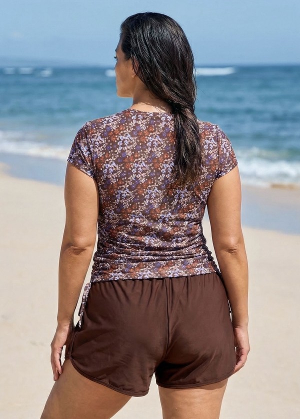 Brown Floral Upf50+ Short Sleeves Built In Bra Zipper Drawstring Curvy Swimsuit Tankini Top