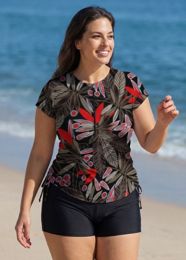 Plus Size Black Leaf Upf50+ Short Sleeves Zipper Drawstring Women's Swimsuit Tankini Top