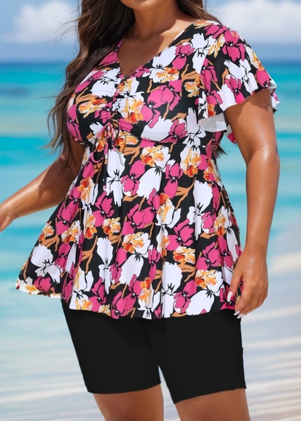 Floral Print Tie Front Ruffled Flowy Short Sleeves Tankini Top