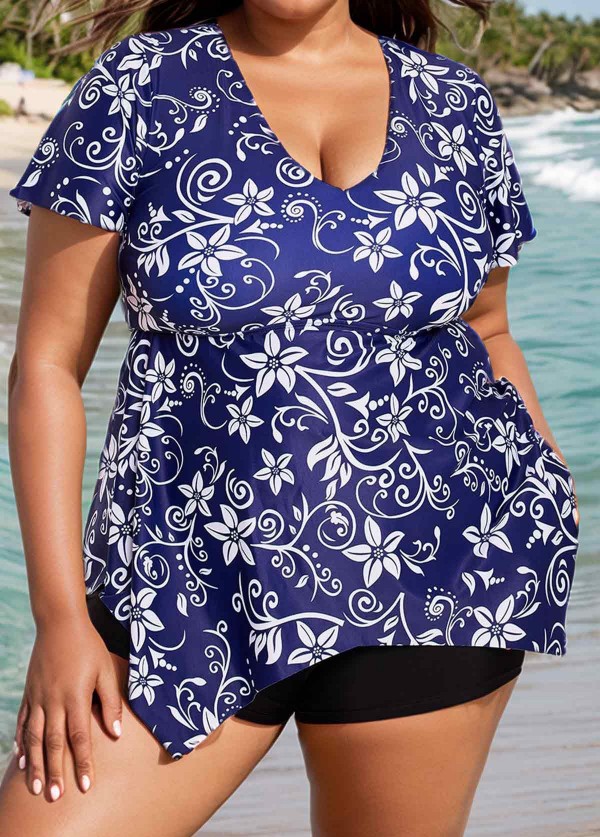 Navy Floral Short Sleeve Curvy Swimwear Bathing Suits Tankini Top