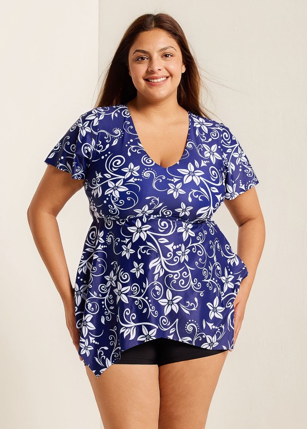 Navy Floral Short Sleeve Curvy Swimwear Bathing Suits Tankini Top