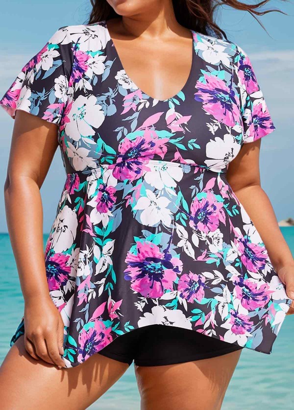 Plus Size Purple Floral Short Sleeve Swimwear Bathing Suits Tankini Top