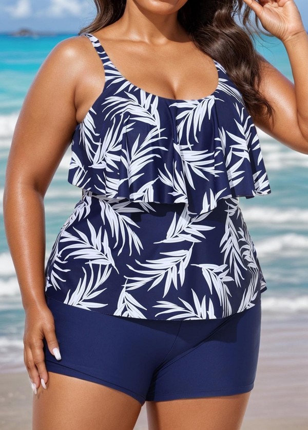 Navy Blue Leaf Print Layered Style Tankini Top
