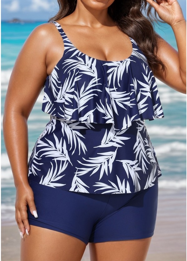 Navy Blue Leaf Print Layered Style Tankini Top