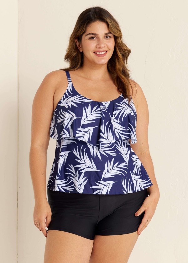 Navy Blue Leaf Print Layered Style Tankini Top