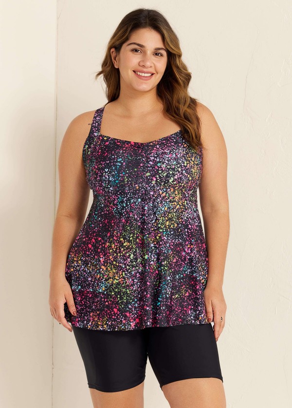 Fashionable Colorful Dot Square Neck Flowy Women Tankini Top