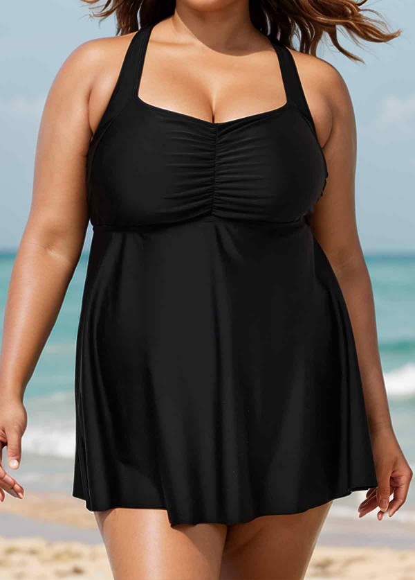 Fashionable Black Square Neck Flowy Plus Size Modest Women's Tankini Swimsuit Top