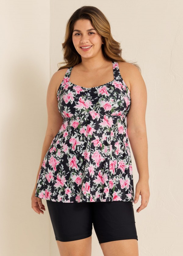Black Floral Print Square Neck Flowy Modest Plus Size Tankini Swimsuit Top